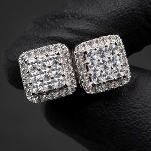 3D Men's Sterling Silver Invisible Set Square Princess Cut Iced Stud Earrings
